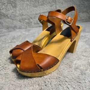 VTG Swedish Hasbeens Krillan Clog Sandals Brown Leather Wood Heel Womens 38